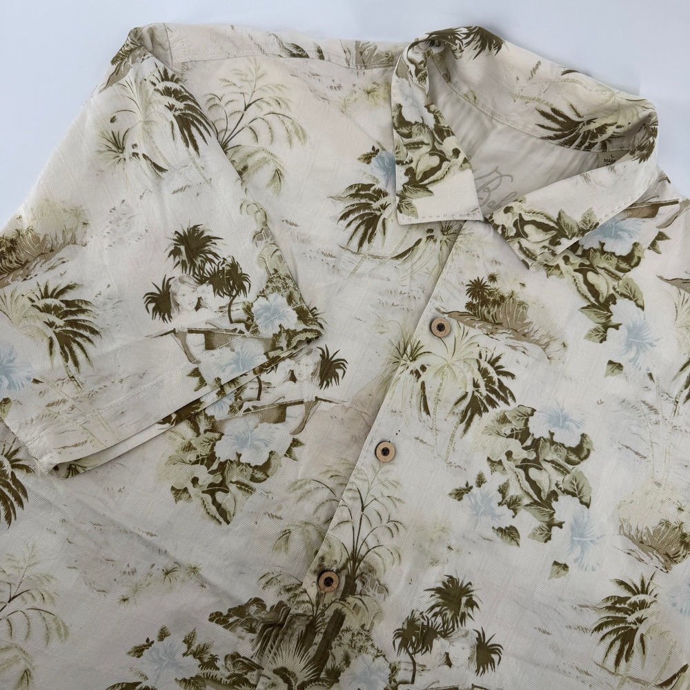 Tommy Bahama Button Up Shirt Mens L Beige Silk Tropical Island Short Sleeve